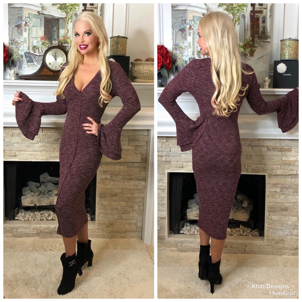 LAST 1! Ribbed Soft Stretchy Knit V Neck Midi Bell Sleeve Dress! - Picture 5 of 6